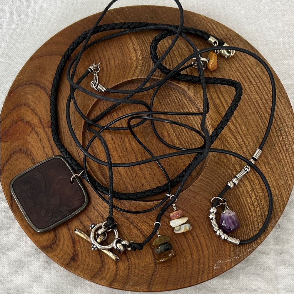 4 Black Leather Necklace with Charms
